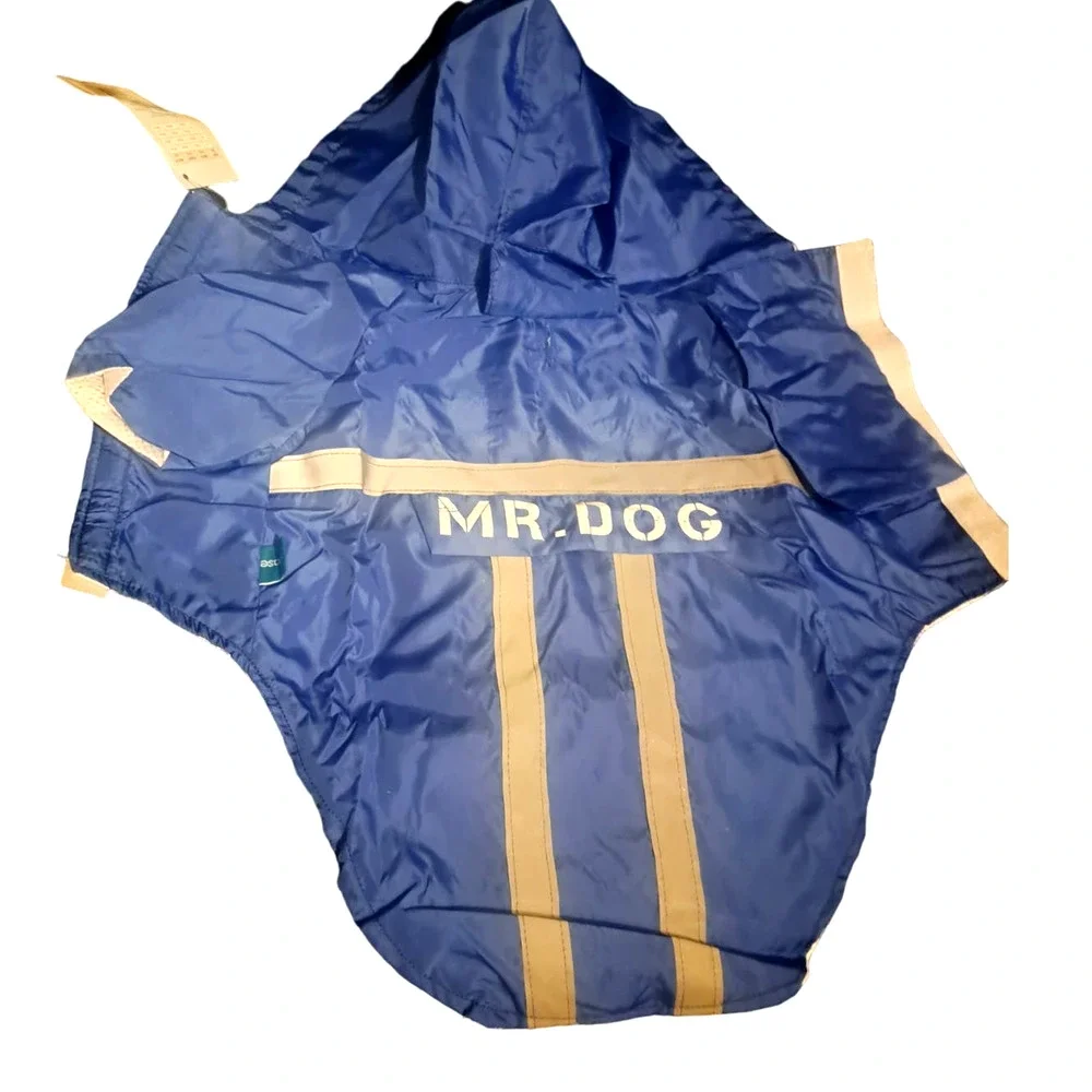 NIB-Sz L Dog Reflective Rain Jacket with Hood Blue White Gray MR DOG on back